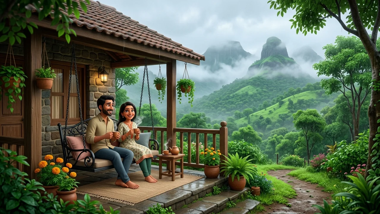 Happy couple enjoying hot tea on cottage gallery with green hills near Trimbakeshwar - 3D cartoon