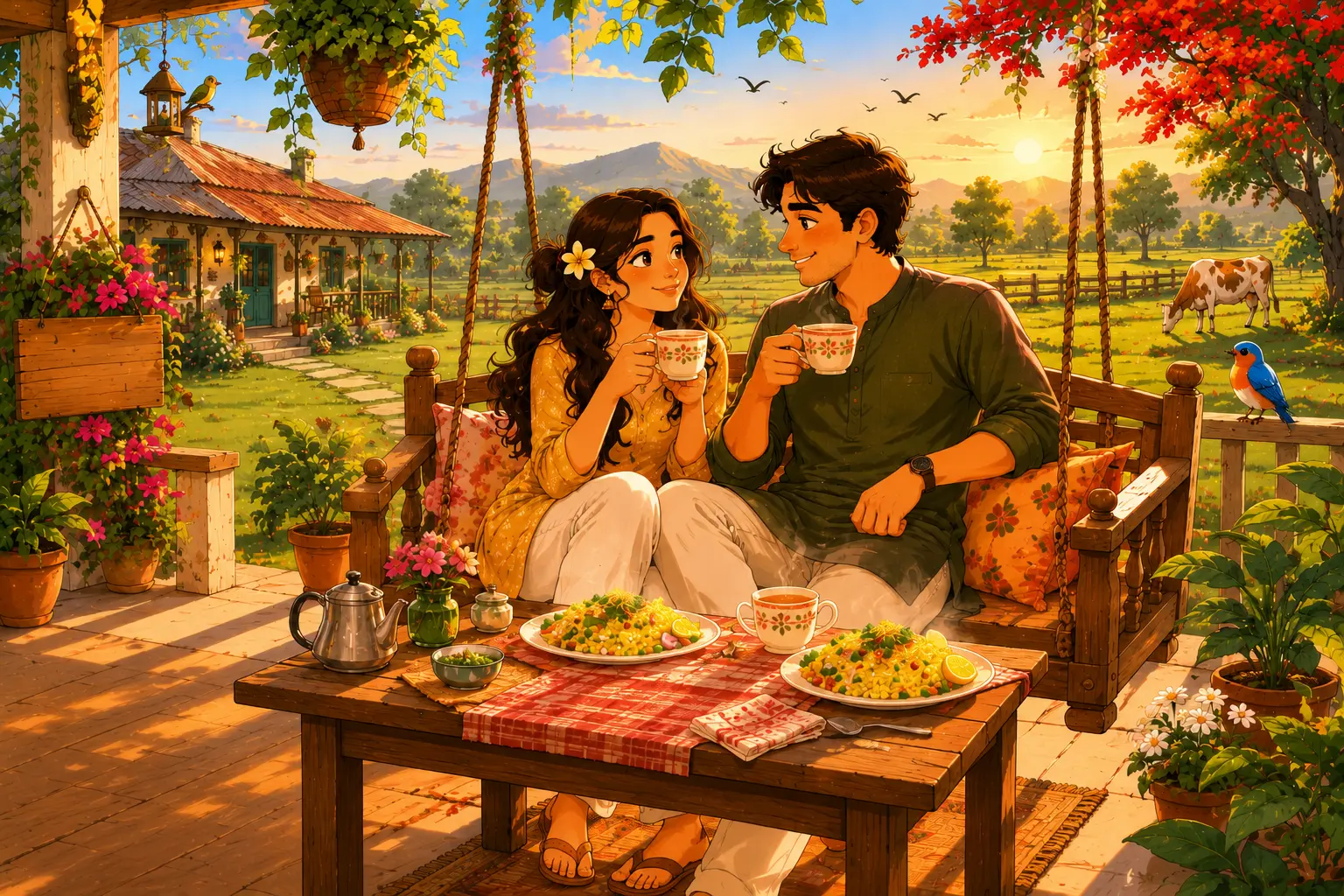 Couple enjoying peaceful breakfast at farm stay cottage near Trimbakeshwar - cartoon illustration