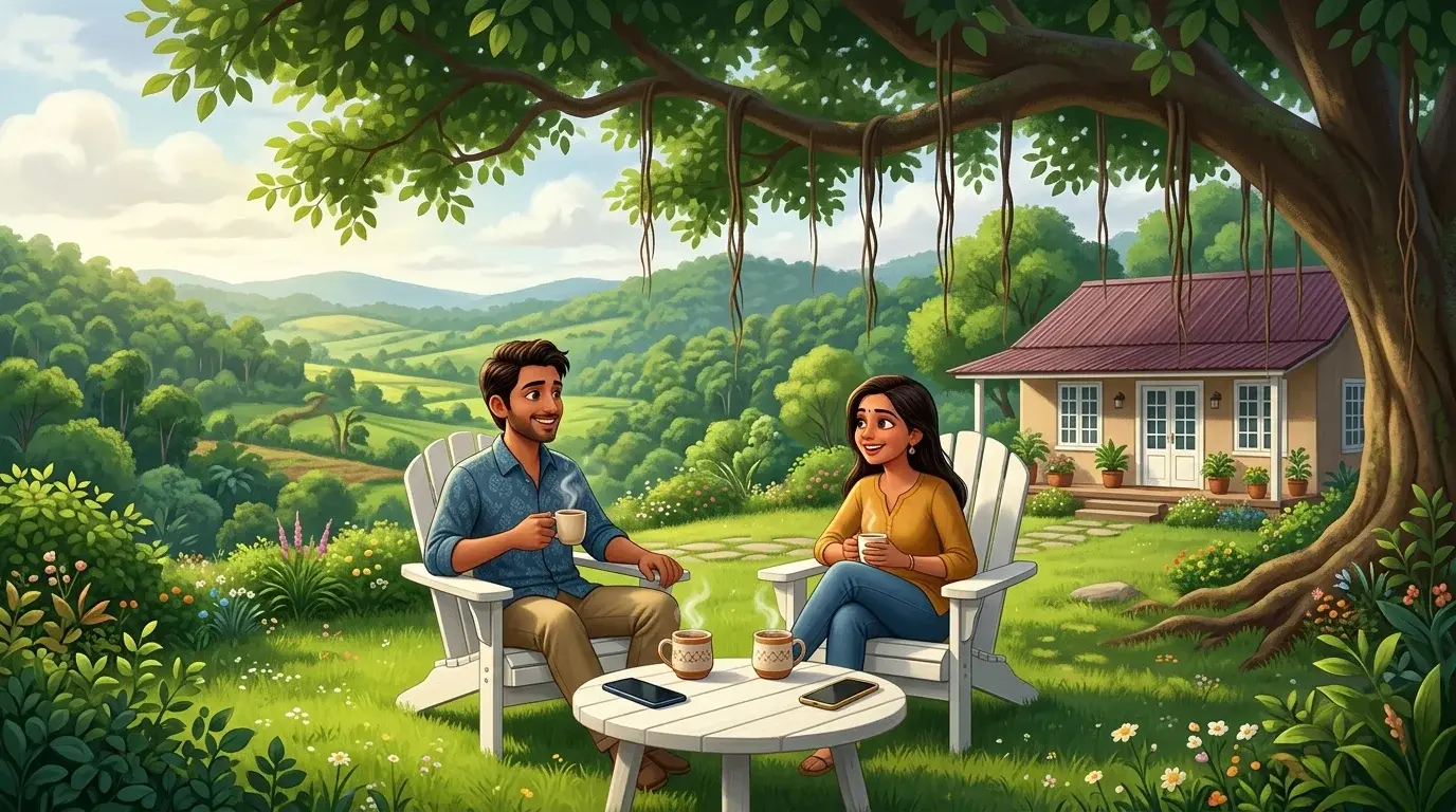 Couple enjoying tea under shady banyan tree canopy with phones face down at Bimal Farm near Trimbakeshwar - 3D cartoon