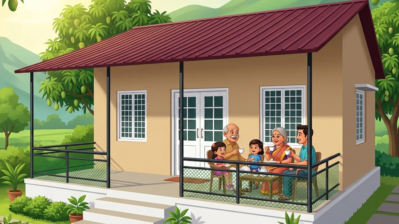 Family enjoying porch tea and mountain view at Bimal Farm near Trimbakeshwar - cartoon illustration