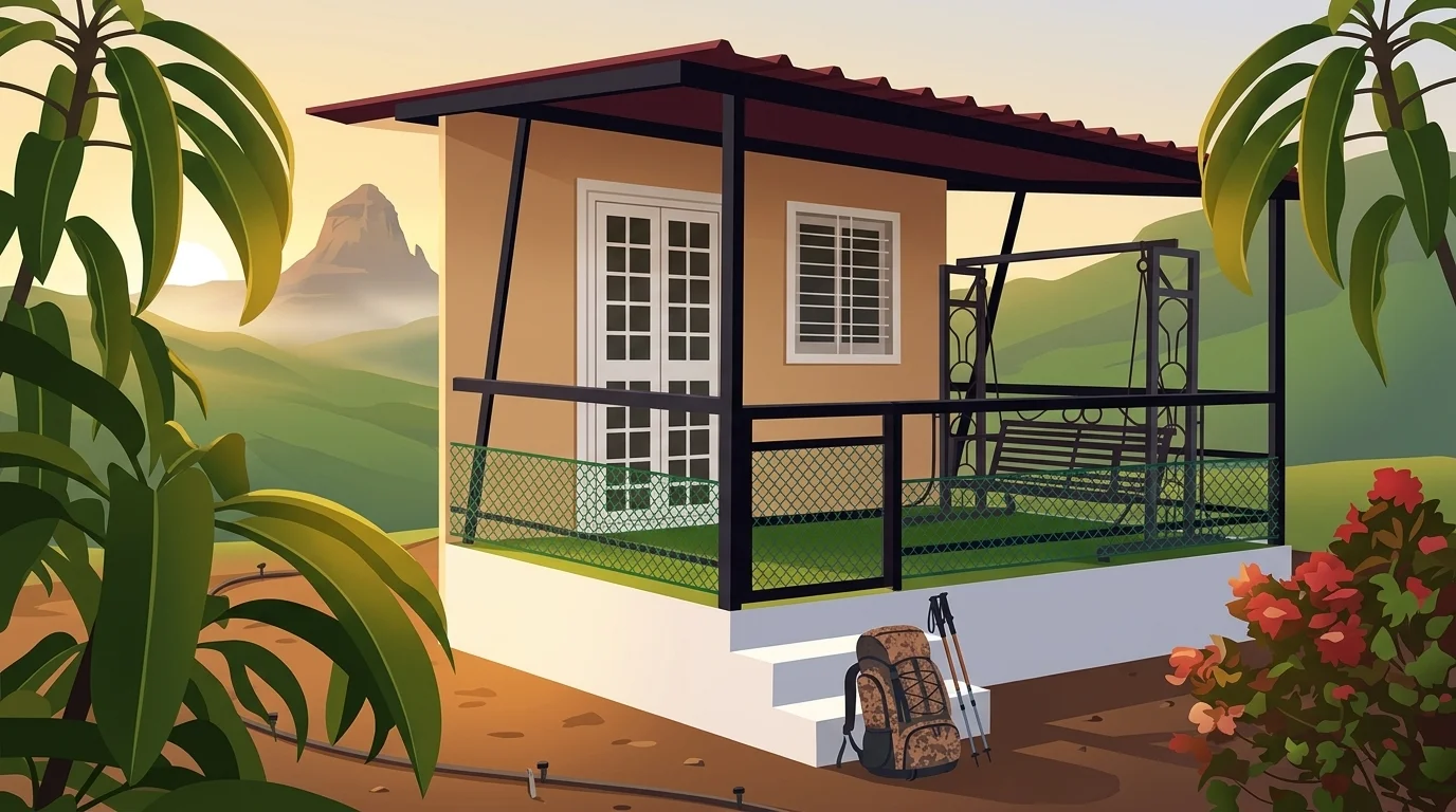 Early morning sunrise at peaceful cottage porch overlooking Harihar Fort mountain peak in Western Ghats