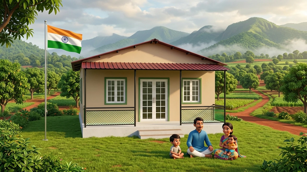 Family relaxing in green countryside farm stay near Trimbakeshwar on Independence Day - 3D cartoon illustration