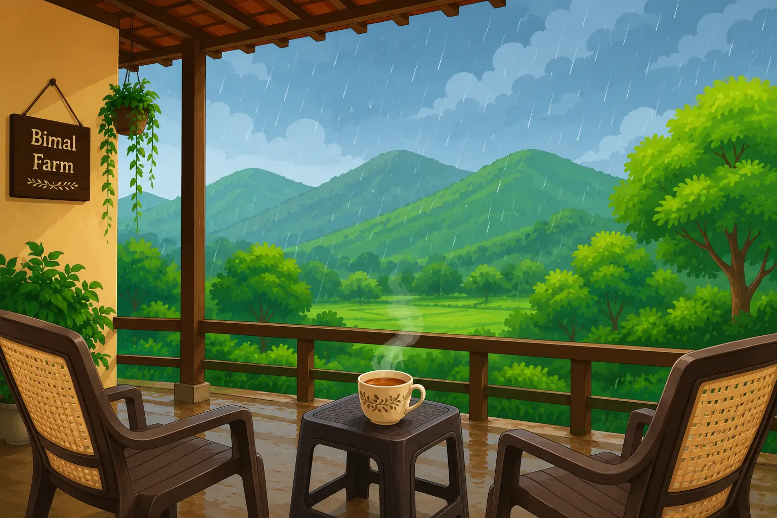 Cozy porch with hot tea during monsoon rains at farm stay near Trimbakeshwar - cartoon illustration