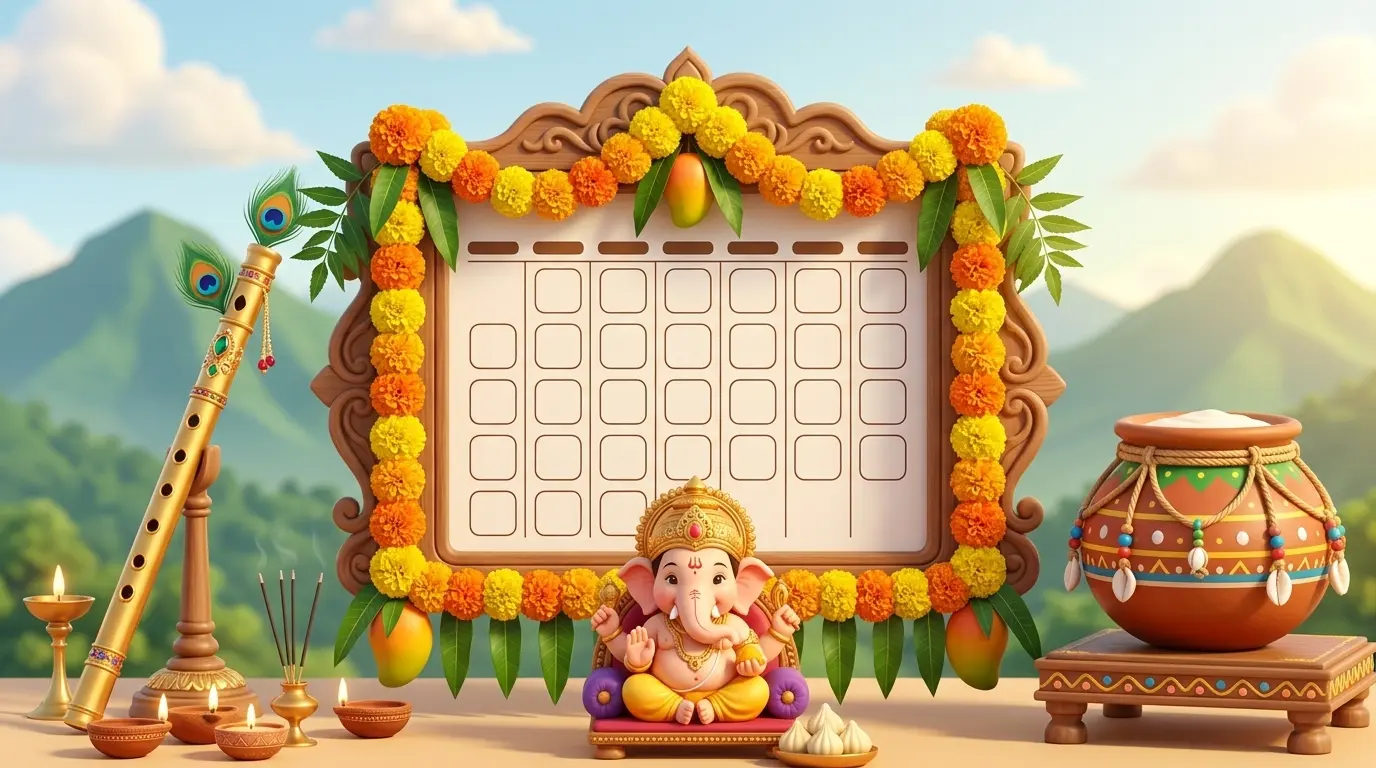 Festive calendar artwork with marigolds, flute, Dahi Handi pot, Ganesh idol and green Trimbakeshwar hills - 3D cartoon