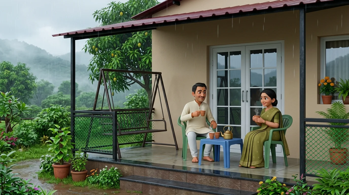 Devotee couple enjoying hot tea on cottage porch gallery surrounded by green Kharoli hills near Trimbakeshwar - 3D cartoon