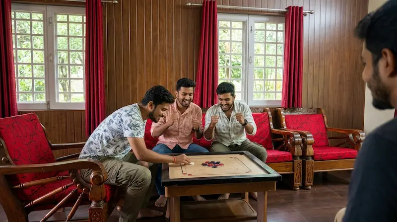 Friends enjoying exciting carrom board match inside Cottage Type A living room at Bimal Farm